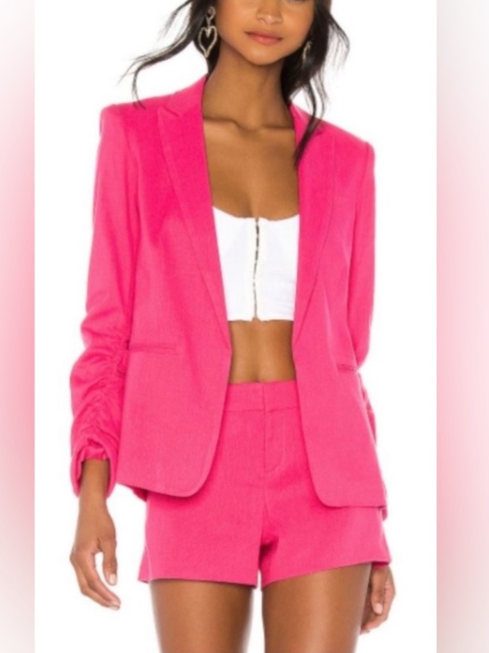 Generation love willow hot pink ruched sleeve linen blend open blazer sz xs